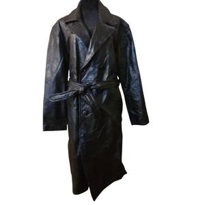 Vintage Dead Stock Leather Duster Trench Coat Full Length Collared Grunge